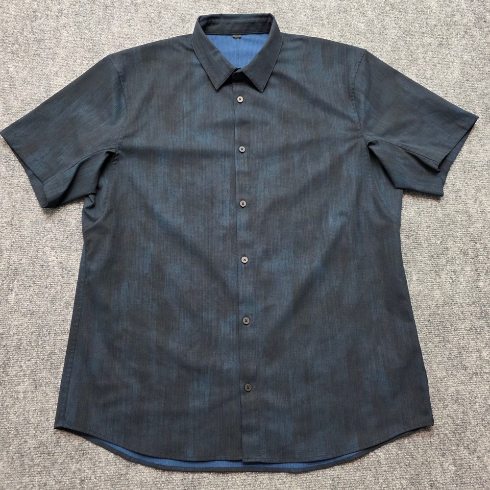 Lululemon Mens Large Short Sleeve Button Down Shirt Navy Blue Black Grid Ripstop - Picture 2 of 14